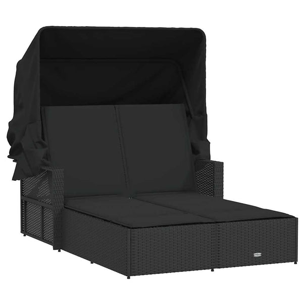 Doppel Sonnenliege mit Dach Schwarz Poly Rattan