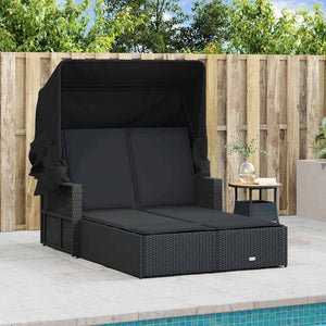 Doppel Sonnenliege mit Dach Schwarz Poly Rattan