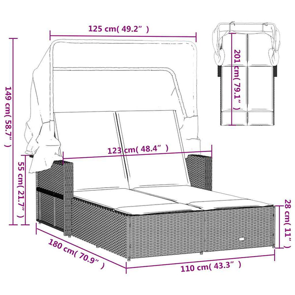 Doppel Sonnenliege mit Dach Schwarz Poly Rattan