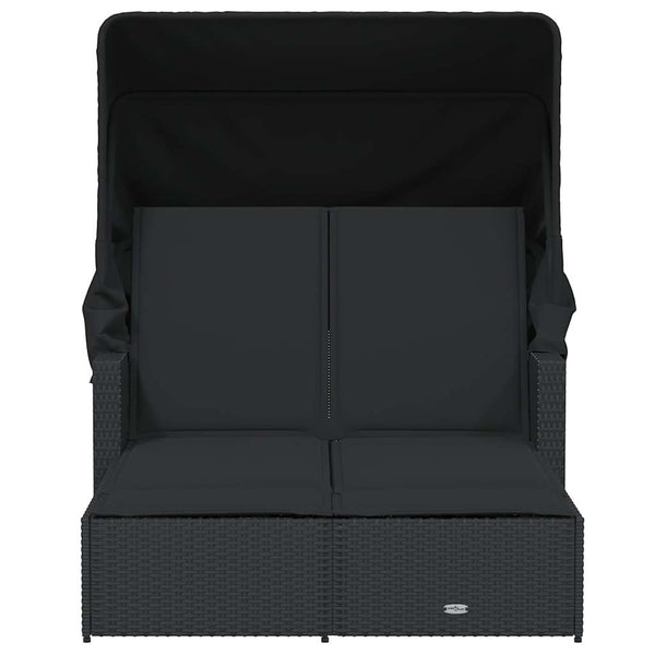Doppel Sonnenliege mit Dach Schwarz Poly Rattan