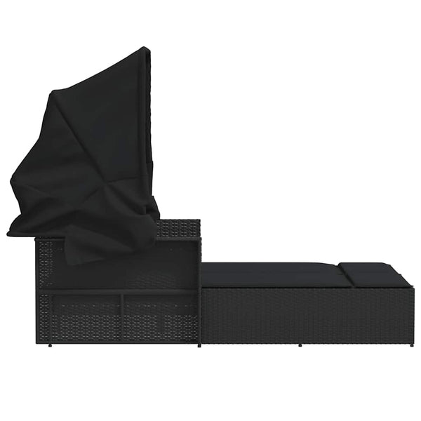 Doppel Sonnenliege mit Dach Schwarz Poly Rattan