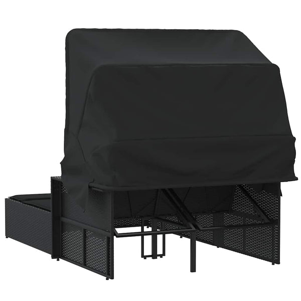Doppel Sonnenliege mit Dach Schwarz Poly Rattan