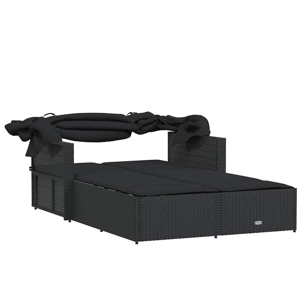 Doppel Sonnenliege mit Dach Schwarz Poly Rattan