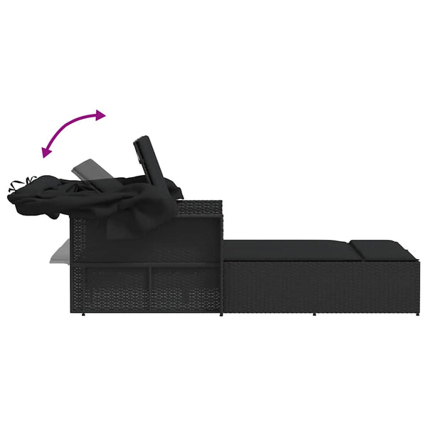 Doppel Sonnenliege mit Dach Schwarz Poly Rattan