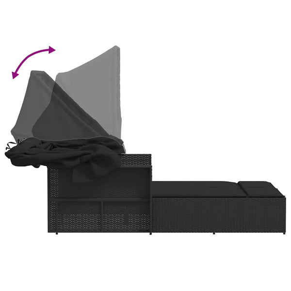 Doppel Sonnenliege mit Dach Schwarz Poly Rattan