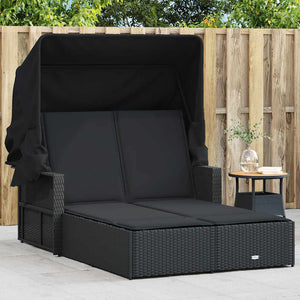 Doppel Sonnenliege mit Dach Schwarz Poly Rattan