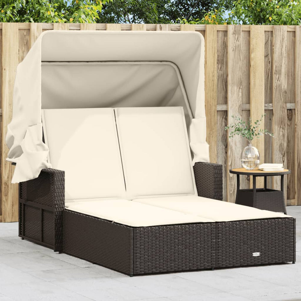Doppel Sonnenliege mit Dach Braun Poly Rattan