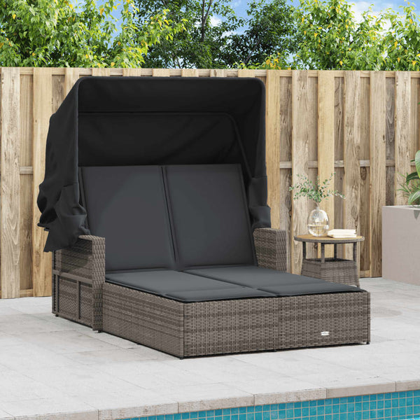 Doppel Sonnenliege mit Dach Grau Poly Rattan