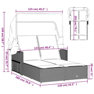 Doppel Sonnenliege mit Dach Grau Poly Rattan