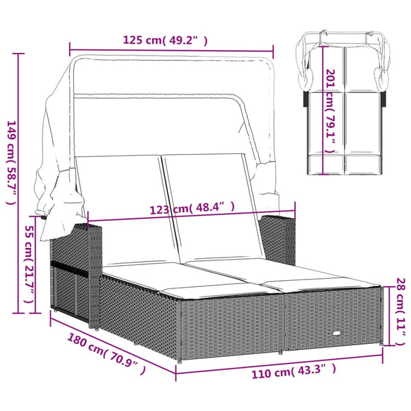 Doppel Sonnenliege mit Dach Grau Poly Rattan