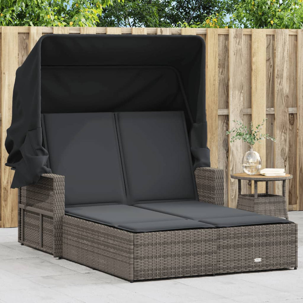 Doppel Sonnenliege mit Dach Grau Poly Rattan