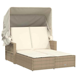 Doppel Sonnenliege mit Dach Beige Poly Rattan