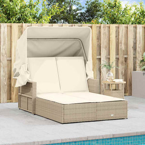 Doppel Sonnenliege mit Dach Beige Poly Rattan