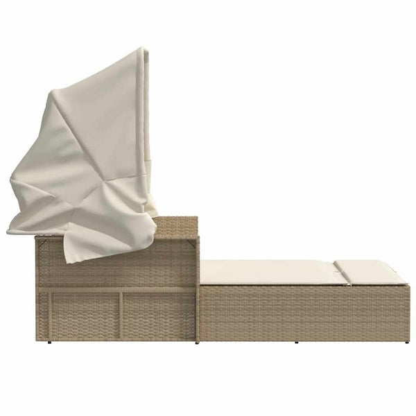 Doppel Sonnenliege mit Dach Beige Poly Rattan