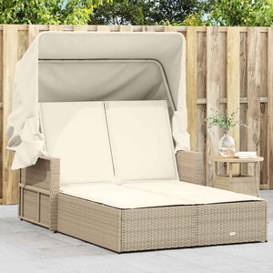 Doppel Sonnenliege mit Dach Beige Poly Rattan