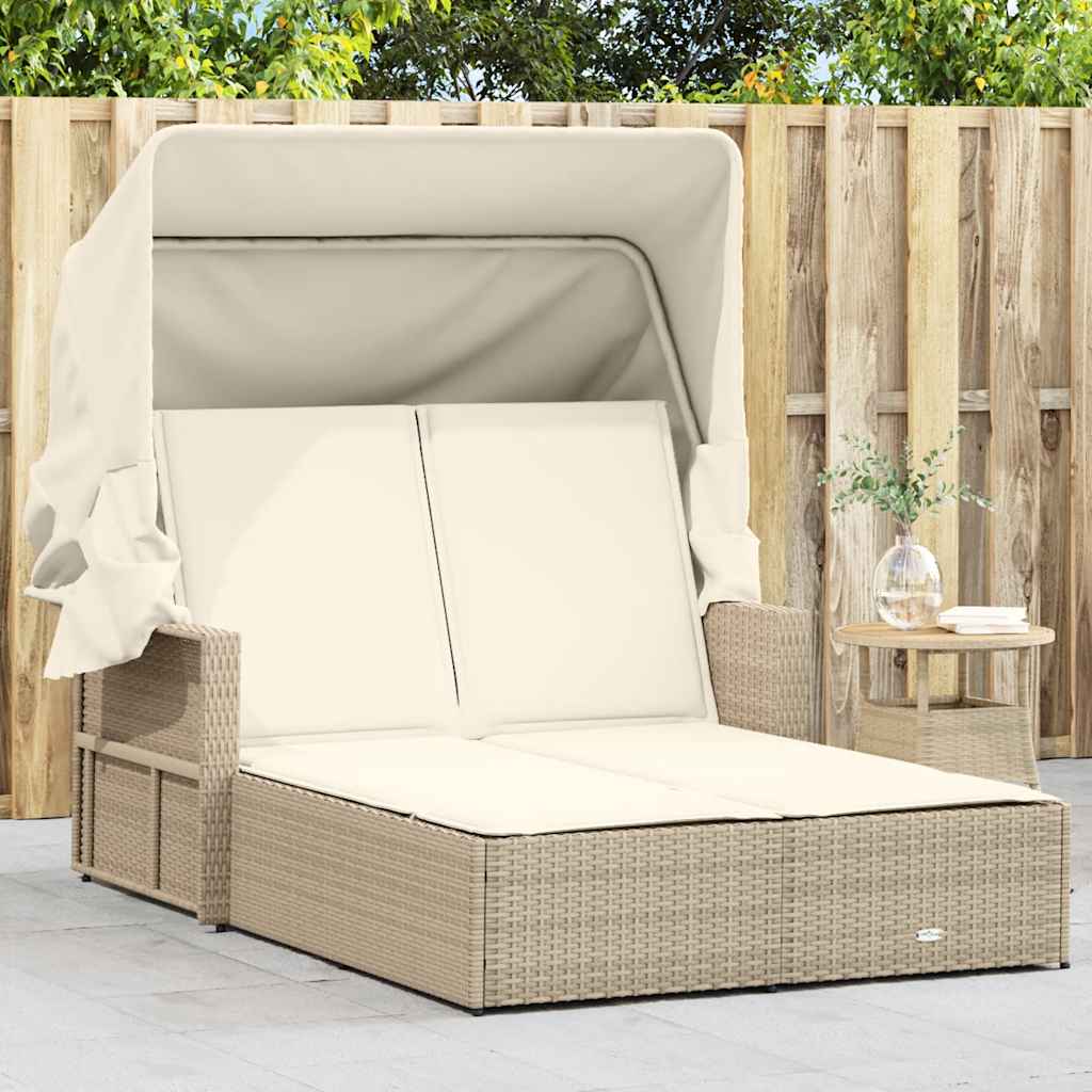 Doppel Sonnenliege mit Dach Beige Poly Rattan