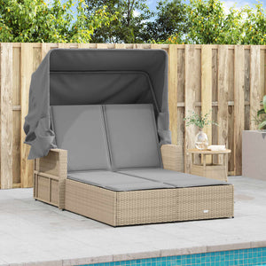 Doppel Sonnenliege mit Dach Beige Poly Rattan