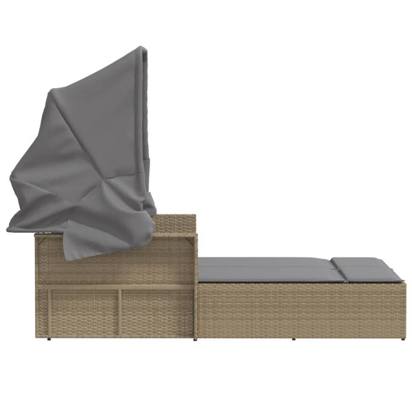 Doppel Sonnenliege mit Dach Beige Poly Rattan