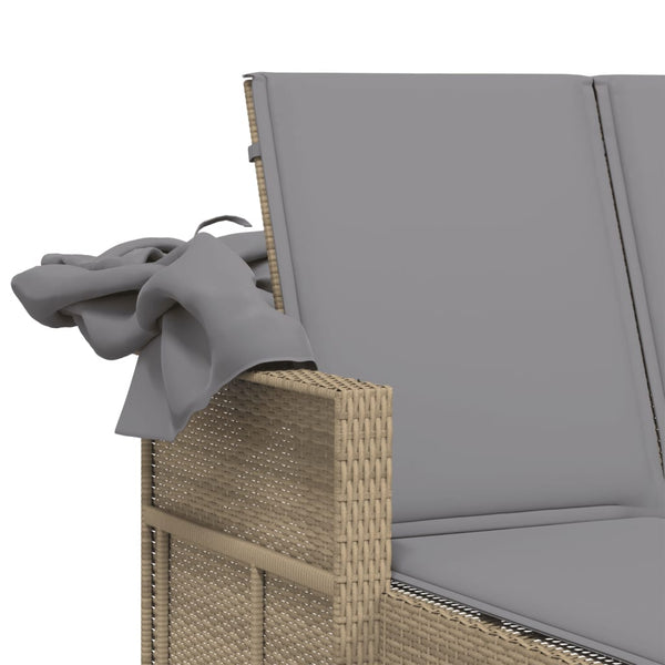 Doppel Sonnenliege mit Dach Beige Poly Rattan
