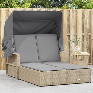 Doppel Sonnenliege mit Dach Beige Poly Rattan