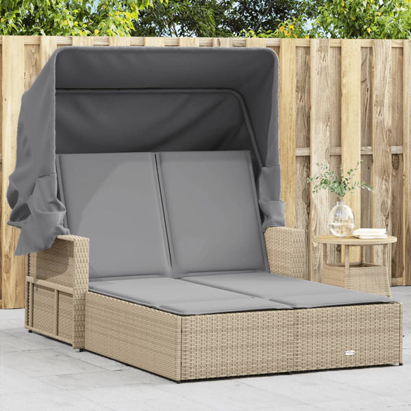 Doppel Sonnenliege mit Dach Beige Poly Rattan