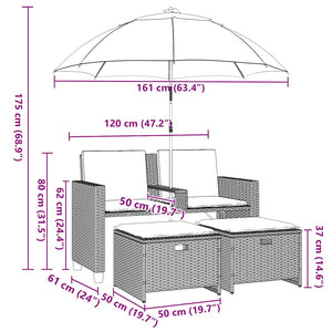 vidaXL Canapé de jardin 2 places avec parasol et tabouret Gris clair Résine tressée