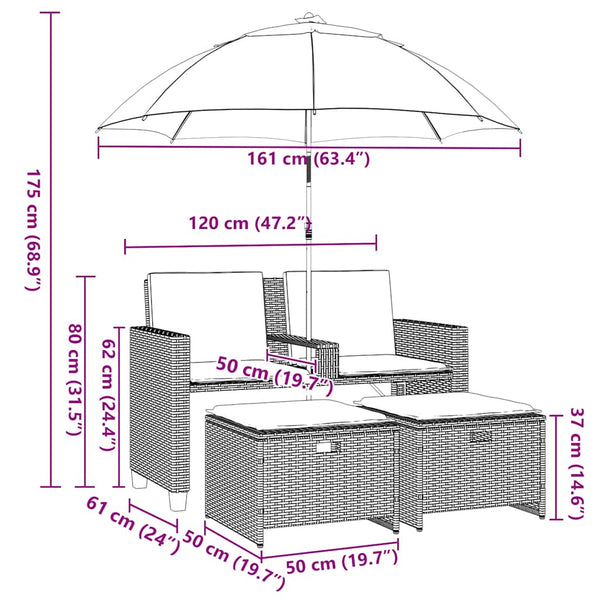 vidaXL Canapé de jardin 2 places avec parasol et tabouret Gris clair Résine tressée