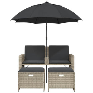 vidaXL Canapé de jardin 2 places avec parasol et tabouret Gris clair Résine tressée