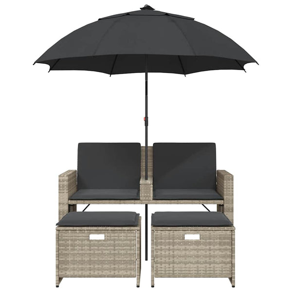 vidaXL Canapé de jardin 2 places avec parasol et tabouret Gris clair Résine tressée