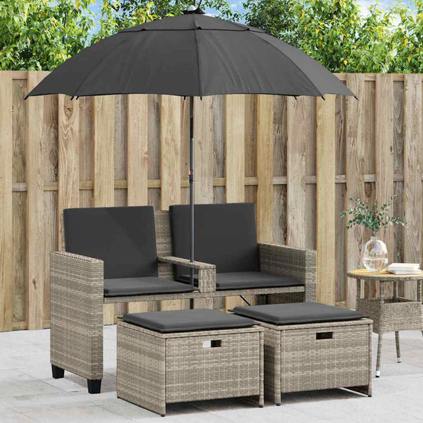 vidaXL Canapé de jardin 2 places avec parasol et tabouret Gris clair Résine tressée