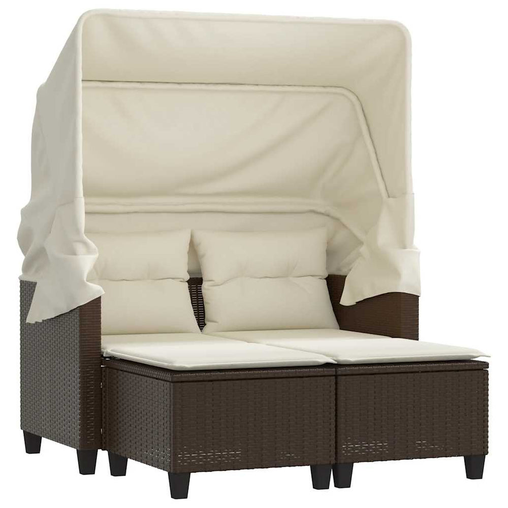 Gartensofa 2-Sitzer mit Dach & Hocker Braun Rattan