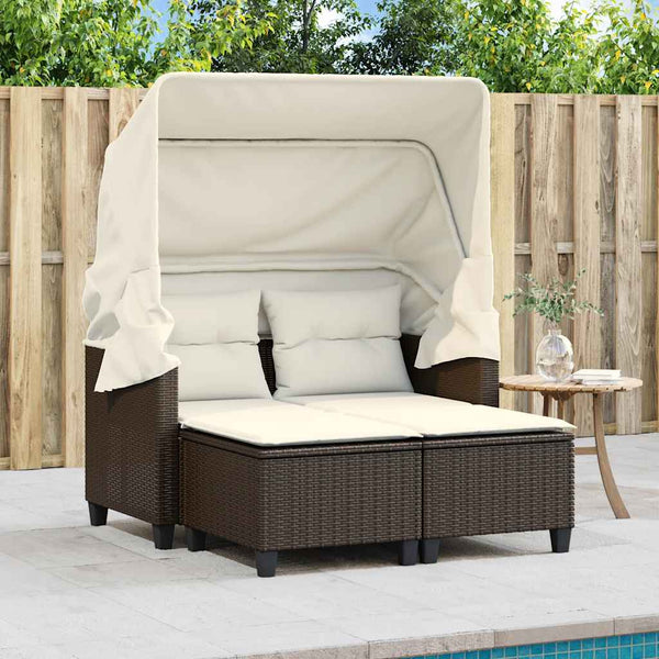Gartensofa 2-Sitzer mit Dach & Hocker Braun Rattan