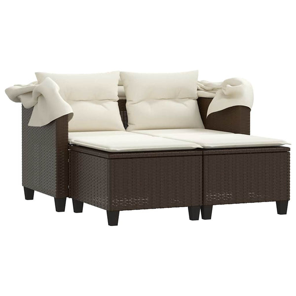 Gartensofa 2-Sitzer mit Dach & Hocker Braun Rattan
