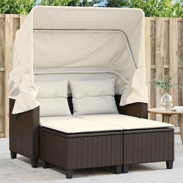 Gartensofa 2-Sitzer mit Dach & Hocker Braun Rattan