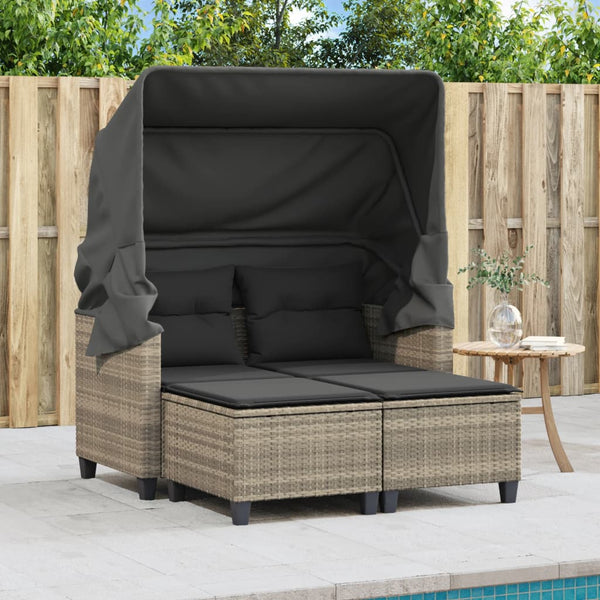 vidaXL Canapé de jardin 2 places avec toit et poufs Gris clair résine tressée