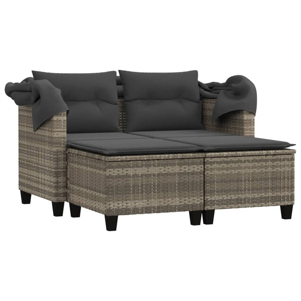 vidaXL Canapé de jardin 2 places avec toit et poufs Gris clair résine tressée