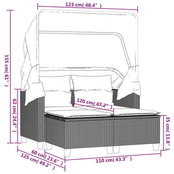 vidaXL Canapé de jardin 2 places avec toit et poufs Gris clair résine tressée