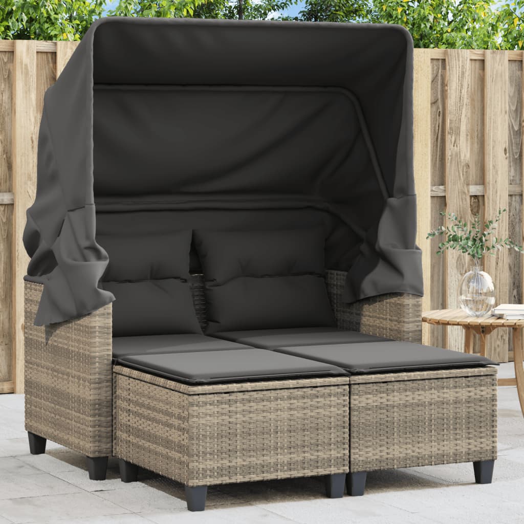 vidaXL Canapé de jardin 2 places avec toit et poufs Gris clair résine tressée