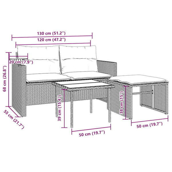 vidaXL 3-Piece Garden Sofa Set with Cushions, Grey, Poly Rattan