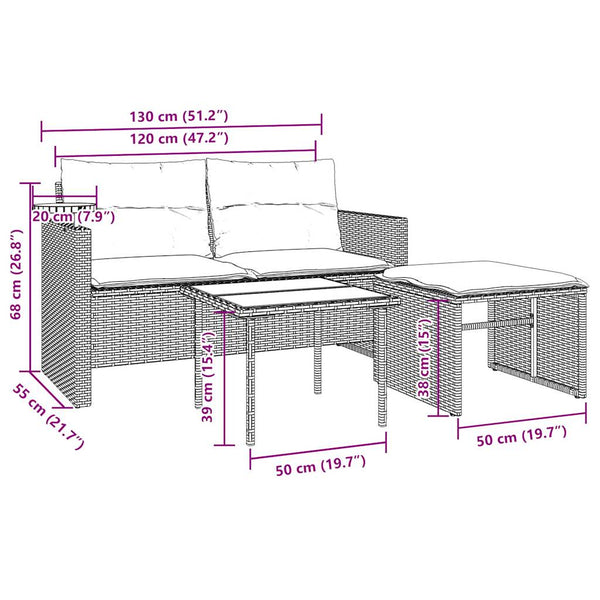 3-teiliges Gartensofa-Set mit Kissen, Schwarz