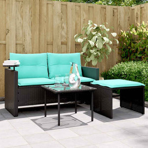 3-teiliges Gartensofa-Set mit Kissen, Schwarz