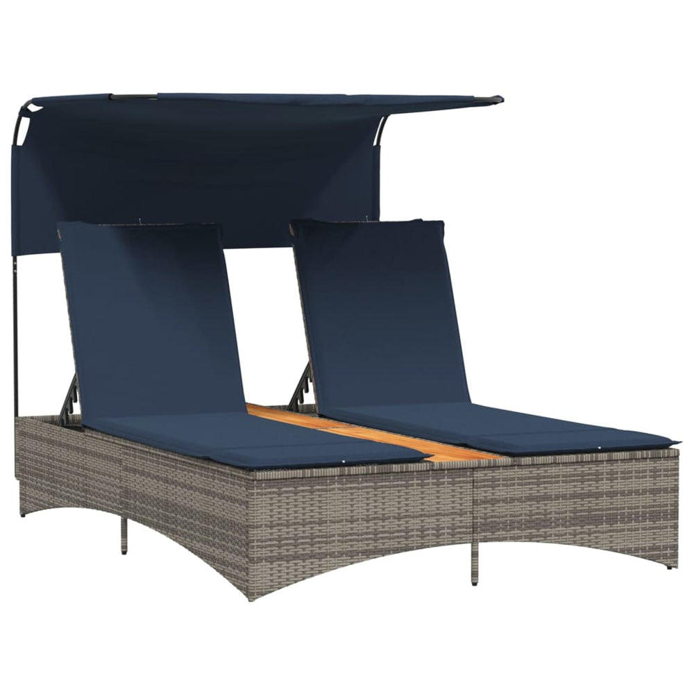 Doppel Sonnenliege mit Dach Grau Poly Rattan