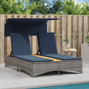 Doppel Sonnenliege mit Dach Grau Poly Rattan