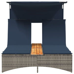 Doppel Sonnenliege mit Dach Grau Poly Rattan