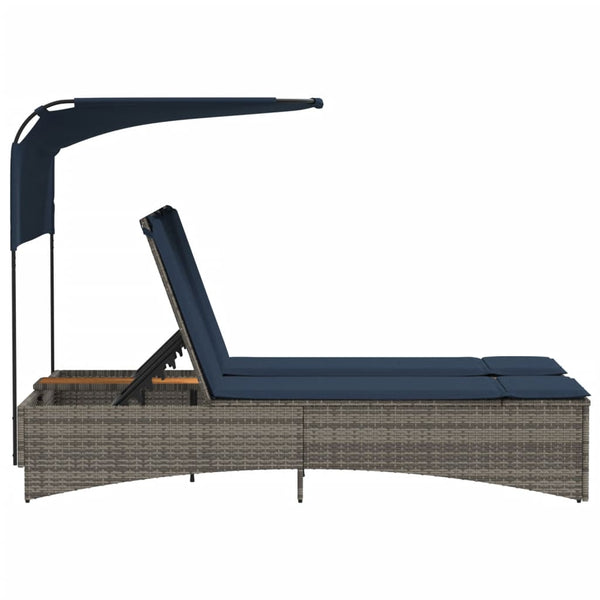 Doppel Sonnenliege mit Dach Grau Poly Rattan