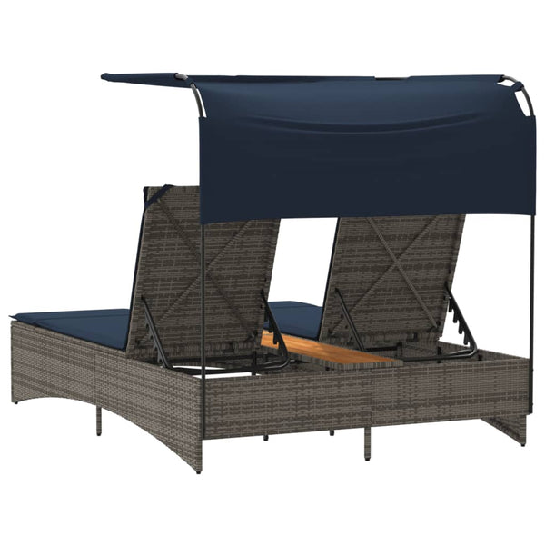Doppel Sonnenliege mit Dach Grau Poly Rattan