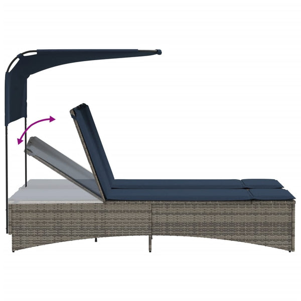 Doppel Sonnenliege mit Dach Grau Poly Rattan