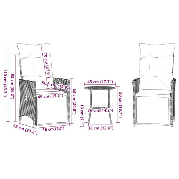 3-teiliges Bistro-Set Grau Poly Rattan