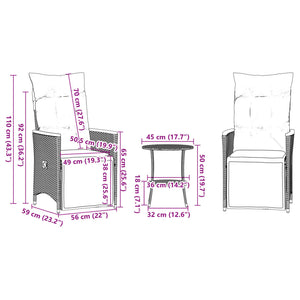 3-tlg. Bistro-Set Schwarz Poly Rattan mit Kissen