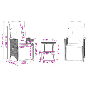3-tlg. Bistro Set Grau Poly Rattan mit Kissen